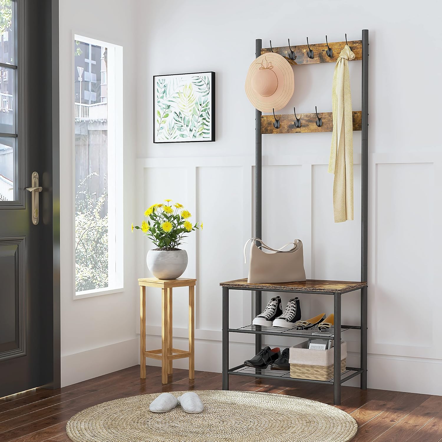 Gadroad Coat Rack, Shoe Bench, 3-in-1 Entryway Hall Tree with Storage Shelf and 9 Hooks, Accent Furniture with Metal Frame, Rustic Brown and Black: Home Improvement