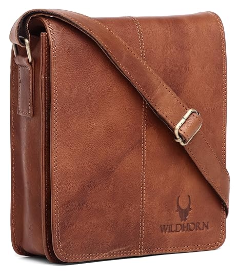 WildHorn Brown Urban Edge 100% Genuine Hunter Leather Messenger Bag (Brown TAN) Dimension : L-8 inch W-3 inch H-9 inch