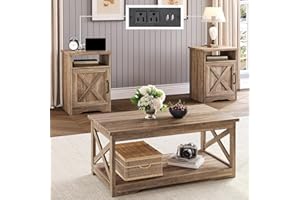 LUXOAK 3-Piece Farmhouse Living Room Table Sets, Includes 1 x Coffee Table, 2 x End Tables with Charging Station & USB Ports, Rustic Coffee Table Set of 3, Barnwood
