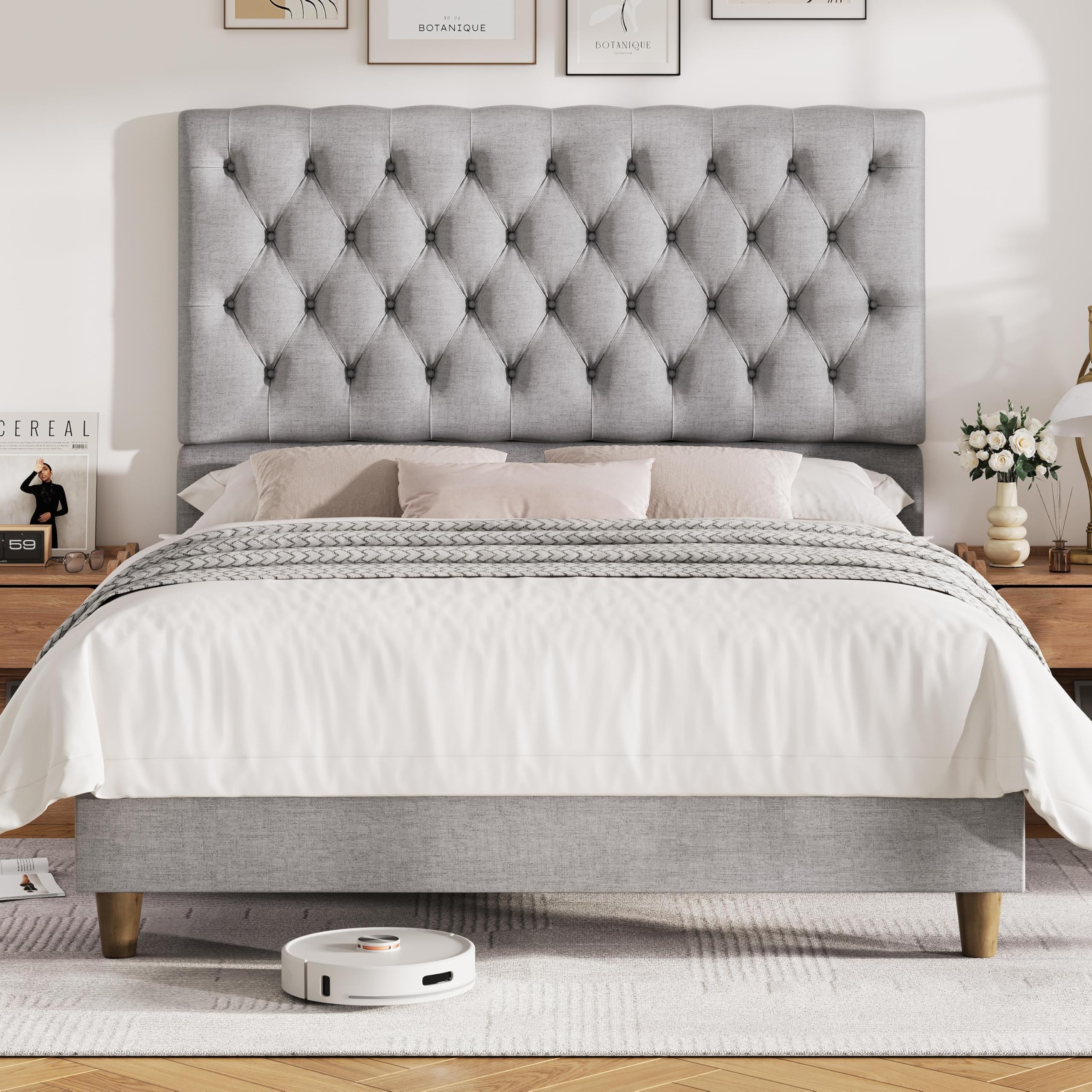 Photo 1 of ***PARTS ONLY***
Queen Size Bed Frame, Upholstered Bed Frame with 52.75" Tall Headboard, Wooden Platform Bedframes with Deep Button Tufted, Wooden Slats Support, No Box Spring Needed & Noise - Light Grey (Queen)