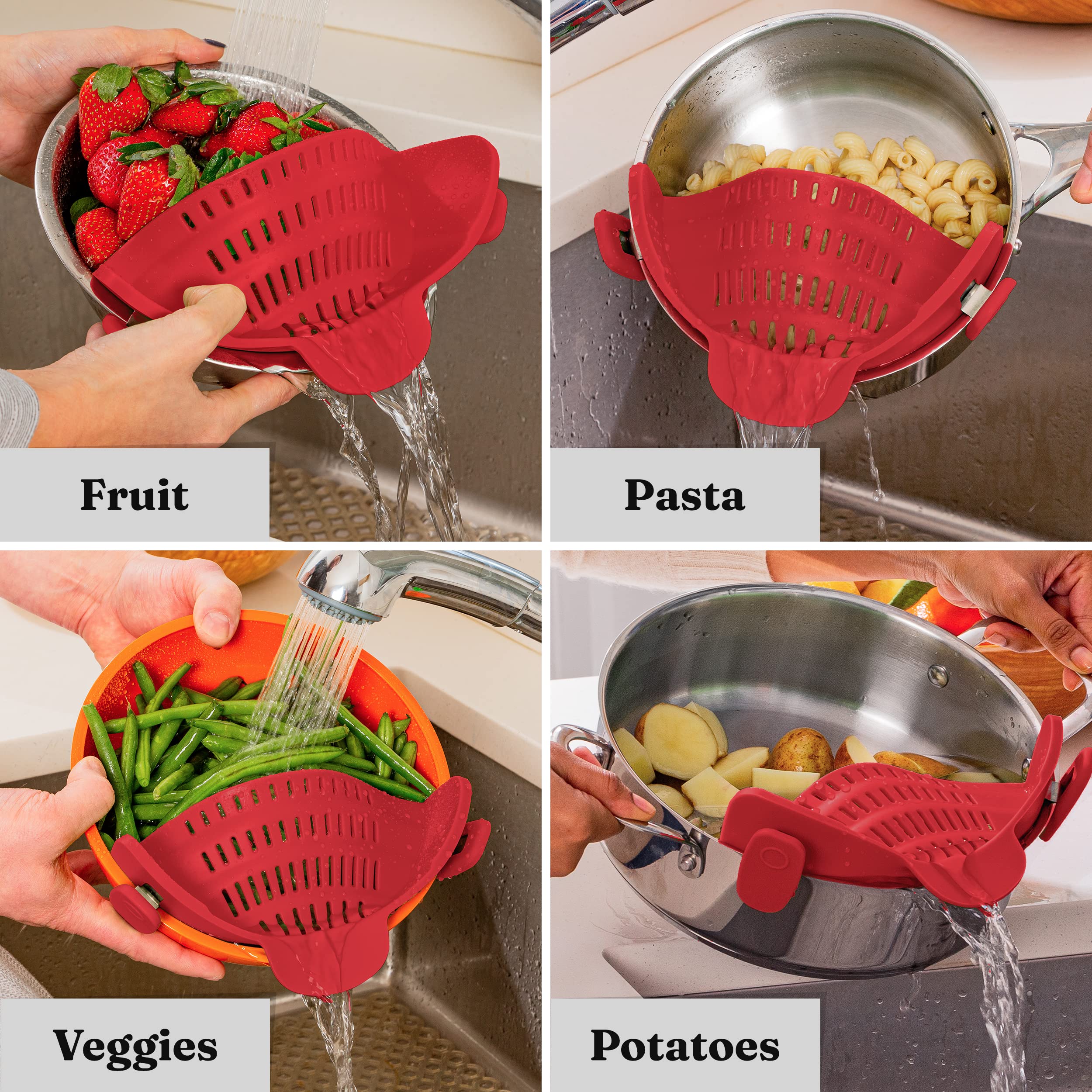 Kitchen Gizmo Snap N Strain Silicone Pot Strainer - Adjustable Clip-On Pasta Strainer for Pots, Pans, and Bowls - Large Red Kitchen Colander