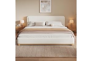 Merax King Size Bed Frame with Boucle Upholstered Curved Headboard, Modern Low Profile Cloud Platform Bed with Solid Wood Bas