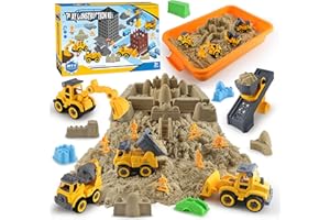 YIDESTARS Construction Sandbox with Lid - 4 Vehicles with 1 Conveyor, 8 Castle Molds, 6 Figures & 3lbs Moldable Sand - Preschool Sensory Bin for Fine Motor Skills, Ages 3-6
