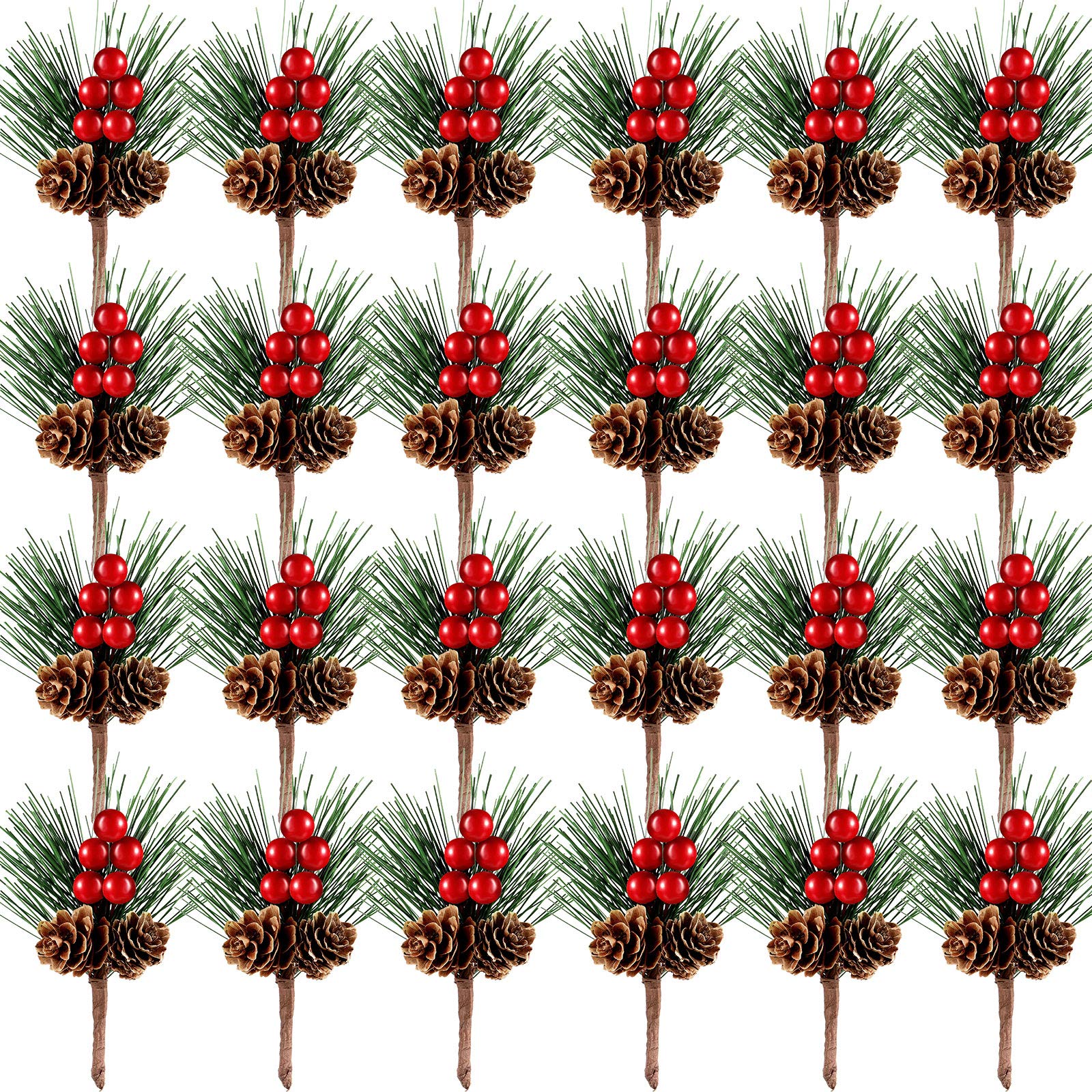 WILLBOND 24 Pieces Artificial Christmas Mini Pine Picks Small Pine Tree Plants Red Berry Picking Berry Branches Picking Fake Berries Christmas Crafts Party Holiday Decoration