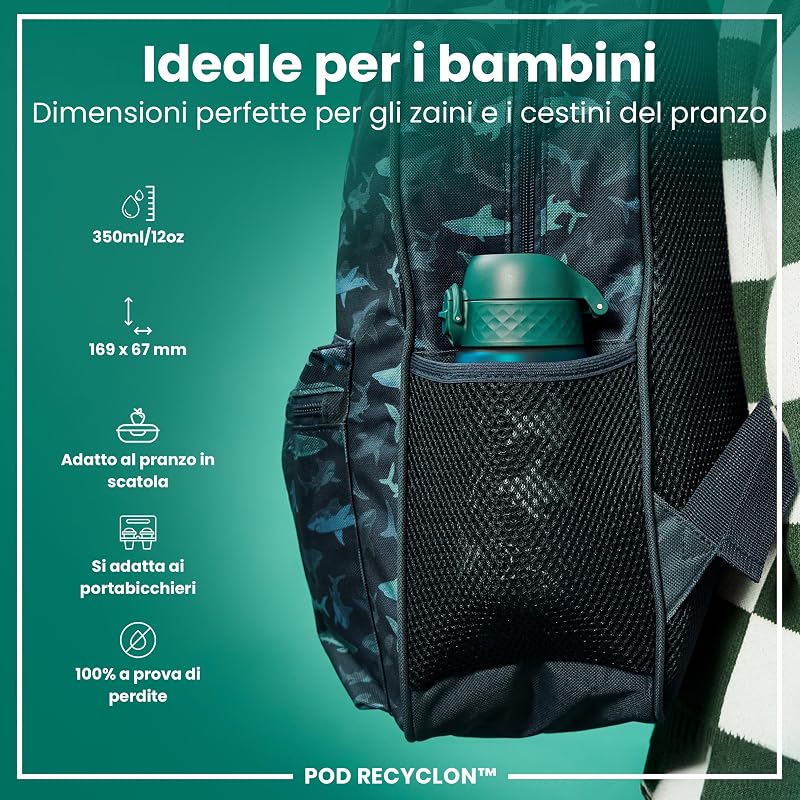 Borraccia per Bambini, 350 ml, a Prova di Perdite, Facile da Aprire, Serratura Sicura, Lavabile in Lavastoviglie, Senza BPA, Maniglia per il Trasporto, Facile Pulizia, Squali