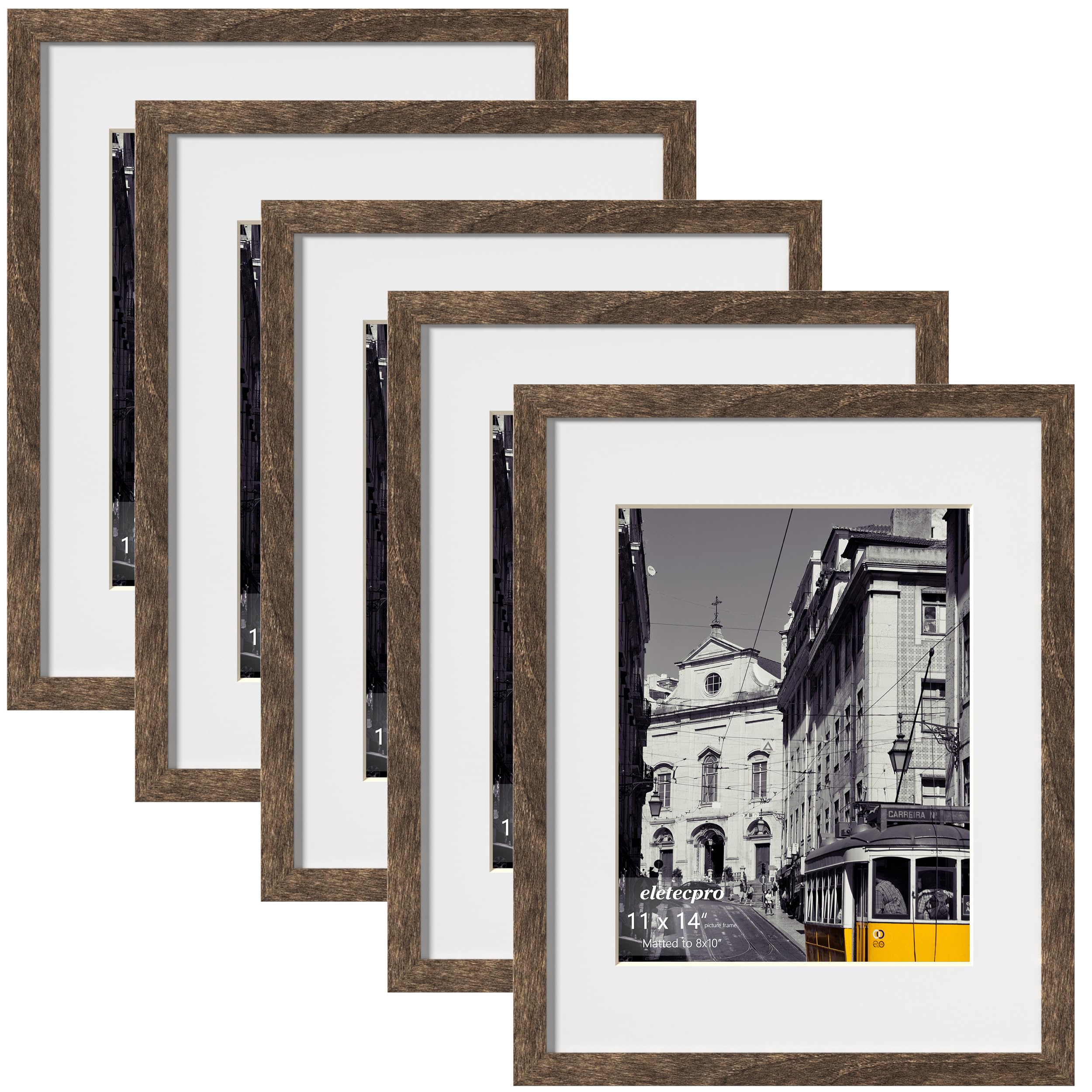 eletecpro 11x14 Picture Frames Set of 5, Gallery Wall Frame Display 8x10 Photo with Mat or 11x14 without Mat, Picture Frame Collage Wall Decor for Wall Mounting, Weathered Brown