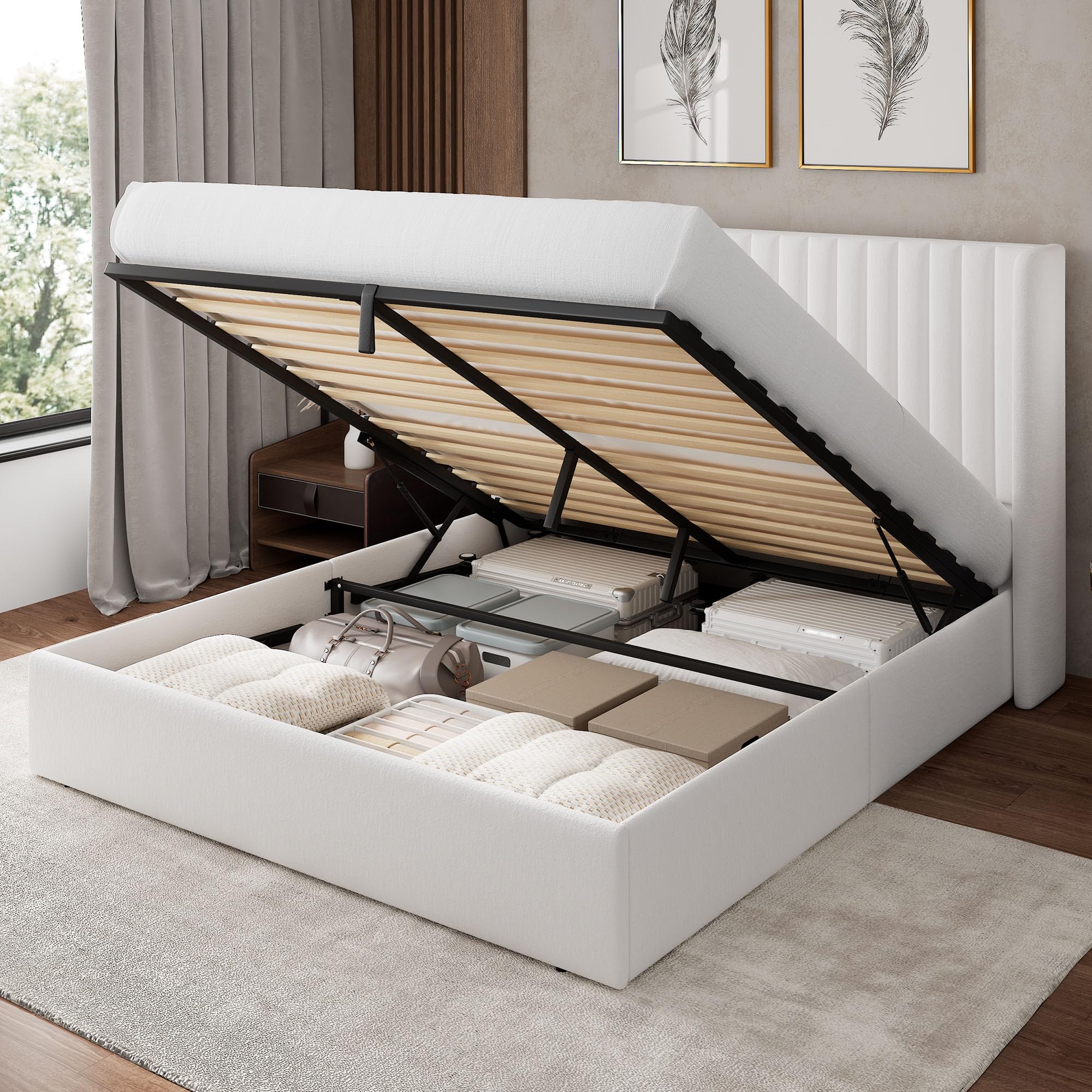 Photo 1 of Feonase Queen Size Lift Up Storage Bed Frame, Velvet Upholstered Platform Bed Frame with Wingback Headboard, Hydraulic Storage, No Box Spring Needed, White