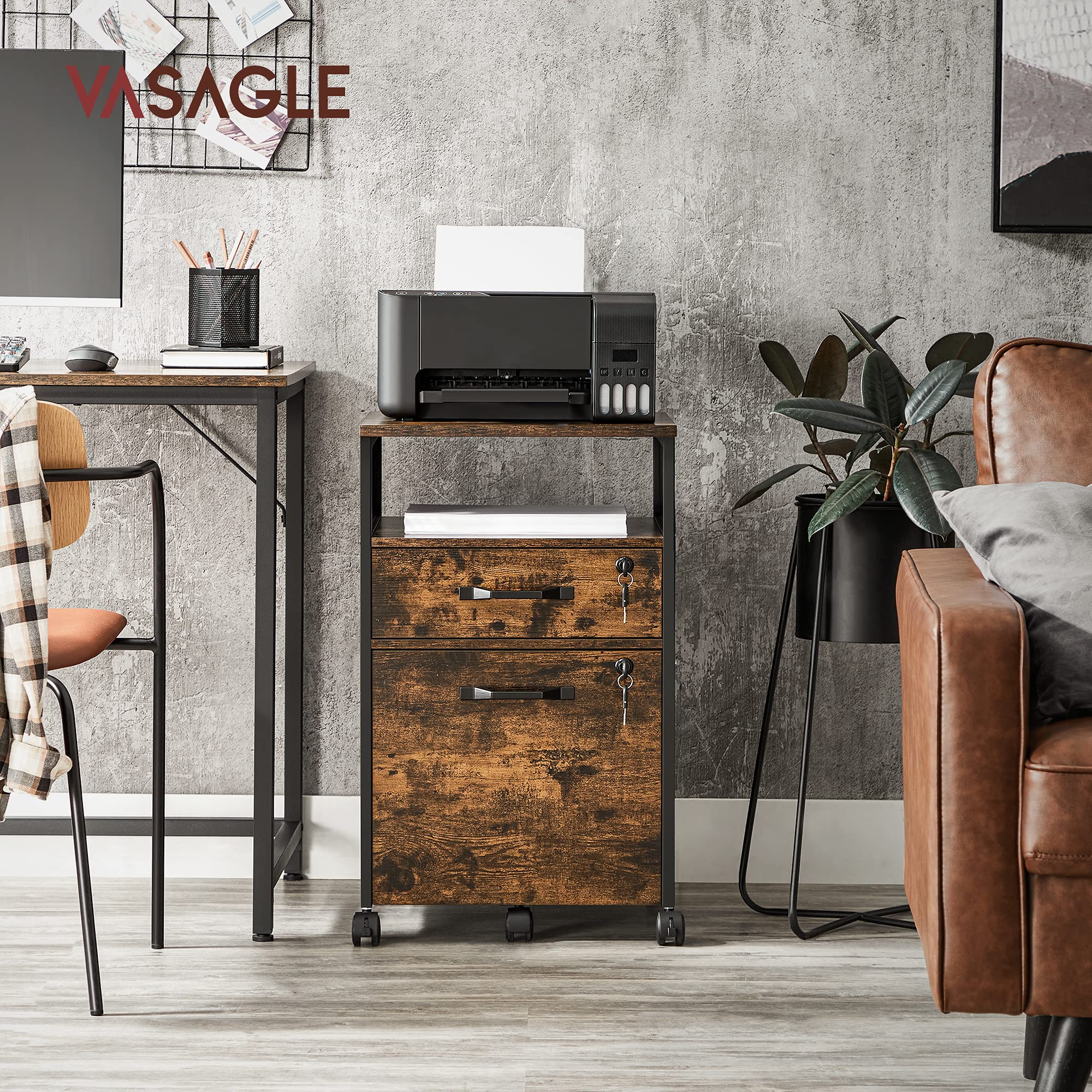 VASAGLE File Cabinet, Mobile Filing Cabinet on Wheels, for Home Office, 2 Lockable Drawers, for A4, Letter-Size Hanging File Folders, Open Shelf, Steel Frame, Rustic Brown and Ink Black UOFC077B01