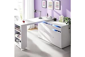 HOLAINAIL L-Shaped Manicure Table with Storage Cabinet, Drawer & Shelf, Rotating & Convertible Nail Tech Desk, Modern Nail Salon Table with LED Light, White