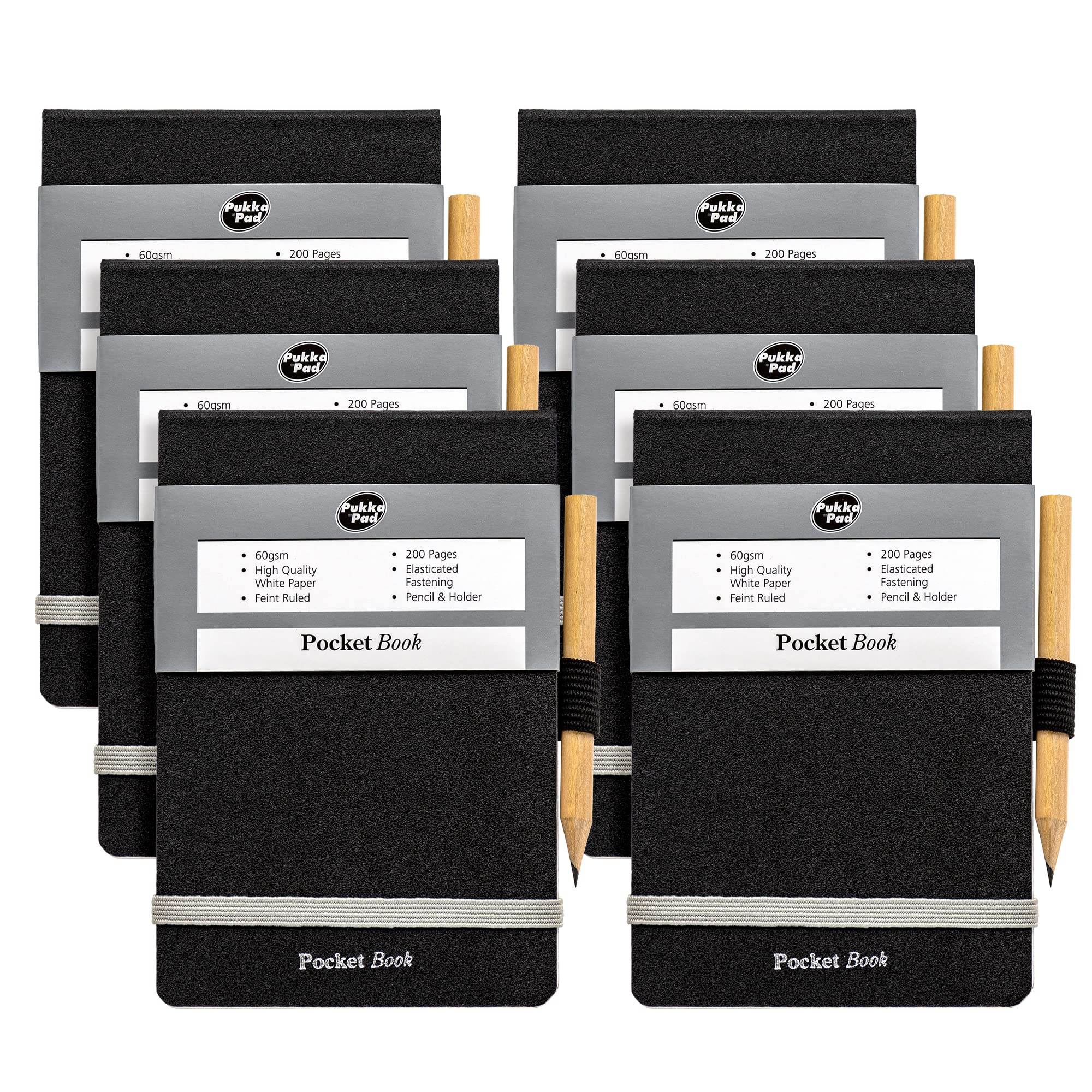 Pukka Pad, A7 Pocket Book and Pencil – Pack of 6 Head-Bound Notepads with Elasticated Closures and Pencil Holders – 200 Pages of 60GSM Paper with 8mm Lines Per Pad – 86 x 129cm, Black
