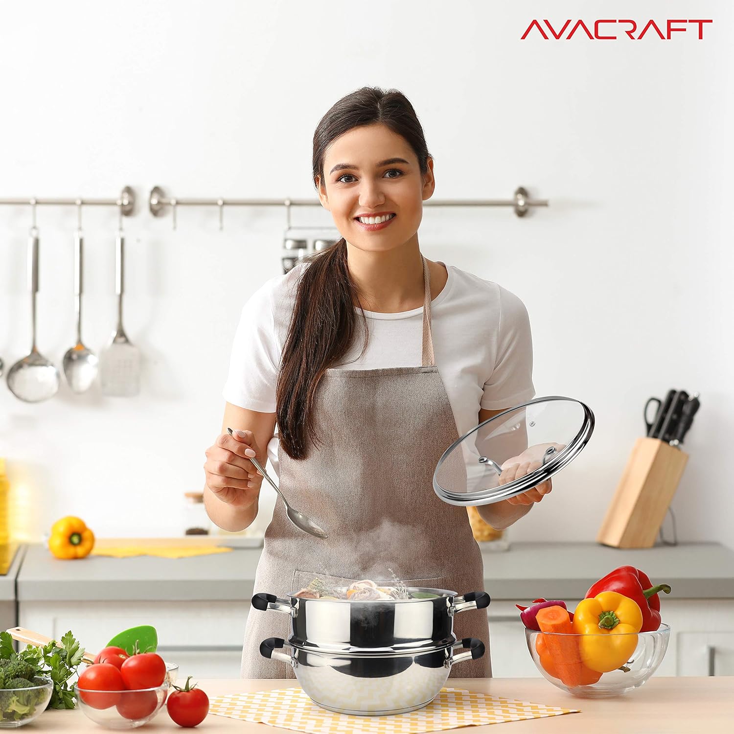 AVACRAFT 18/10, 3 Piece Stainless Steel Steamer Cooking Pot Set, Steamer for Cooking, Everyday Pan, Steamer Pan Set, with Glass Lid, Induction Cooktop Pan: Kitchen & Dining