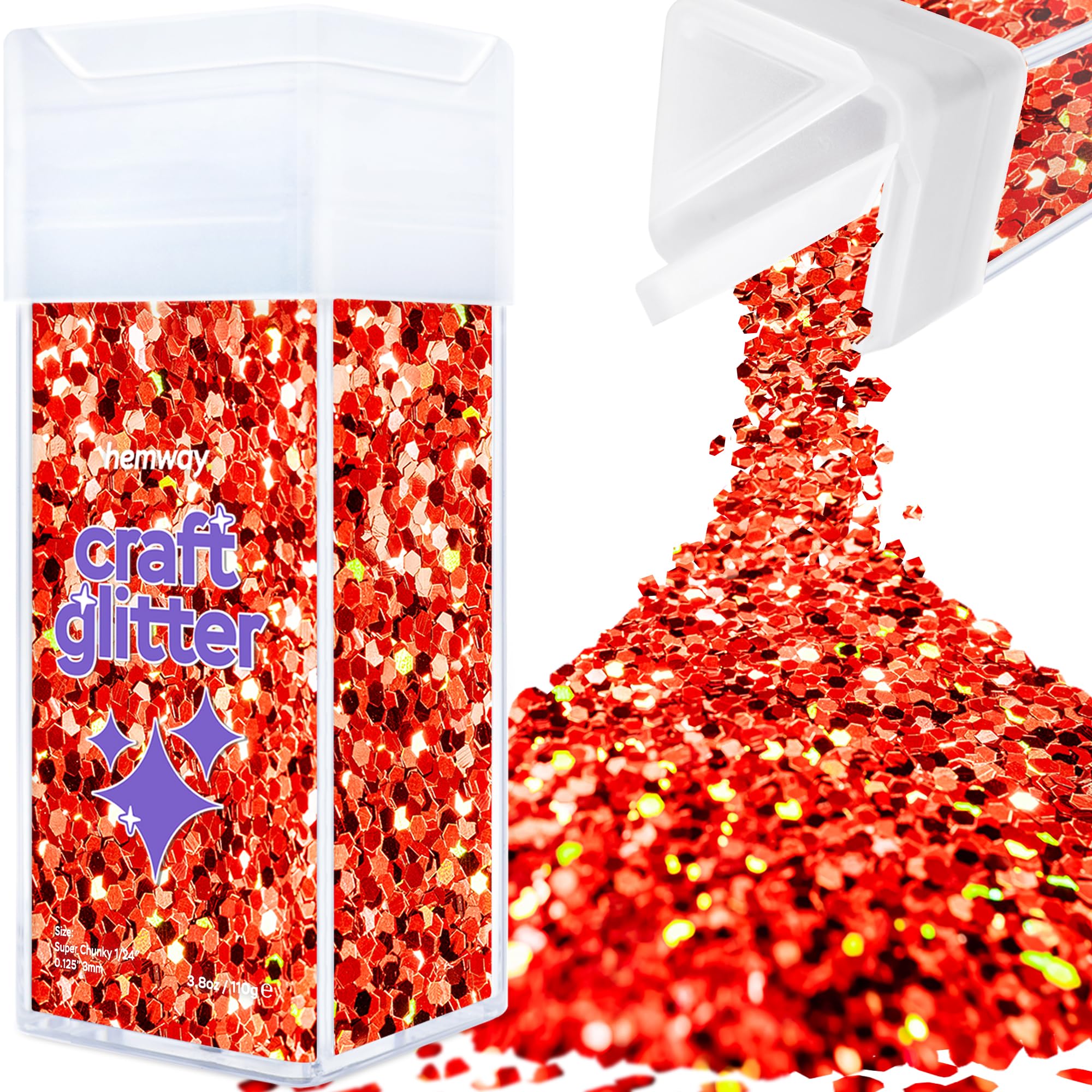 Hemway Glitter Shaker Red Holographic 110g Super Chunky, Craft Glitter Shaker for Resin & Epoxy Crafts, Christmas Art Supplies, Nail, Body, Face, Eye, Festival, Crafting, Slime, Sparkle
