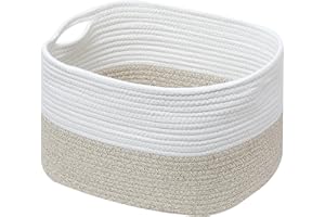 AUSSIY Rope Baskets for Storage Basket, Cotton Rope Woven Basket with Handles. Blanket Basket for Storing Clothes, Toys, Books, Shelves etc, 15''L x 10''W x 9.5''H, Brown/off White
