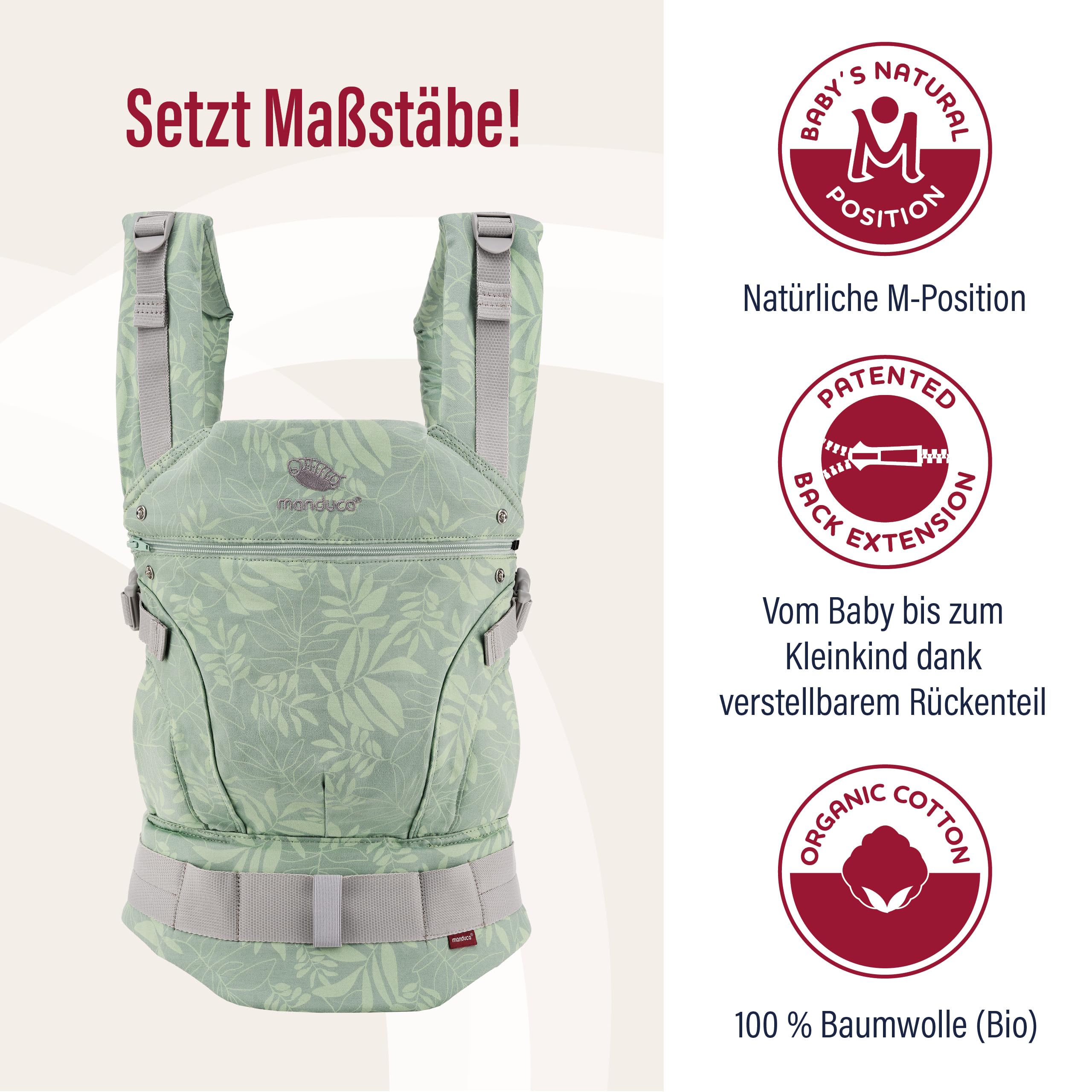 manduca First Babytrage - Verstellbarer und vielseitiger Tragesitz für Babys und Kleinkinder (3,5-20 kg) - Babytrage mit Front-, Hüft- und Rückentragefunktion ,Botanic Green 2