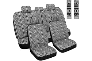 HAIYAOTIMES Baja Saddle Blanket Car Seat Covers Full Set with Seat Belt Pads, Washable Breathable Seat Covers for Cars, Universal Fit Interior Covers for Most Cars, Airbag Compatible, Black/White