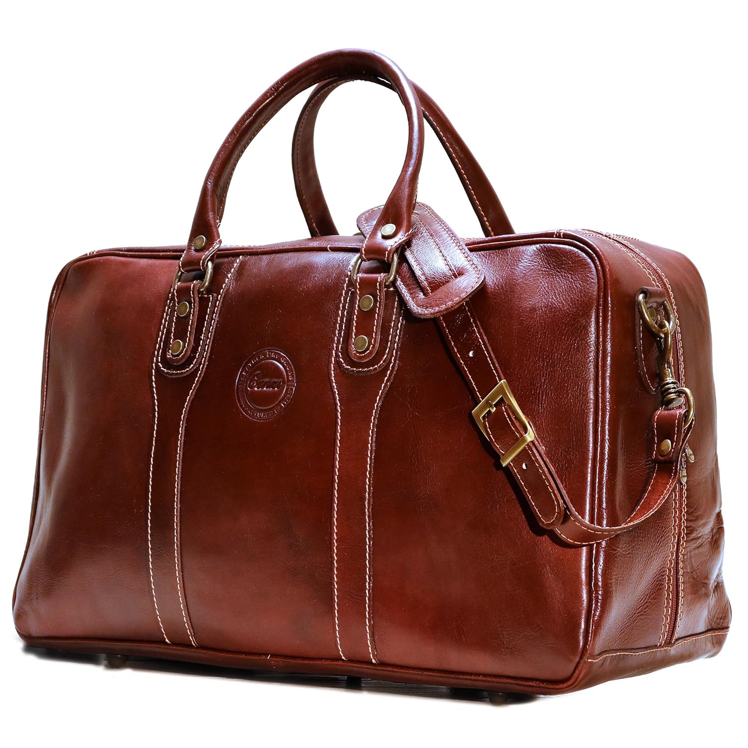 Cenzo Trunk Duffle Vecchio Brown Italian Leather Weekender Travel Bag