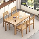 Orweiin Solid Wood Dining Table Set for 4, 43.3" Dining Table with Chairs Set, Kitchen Dining Table Set with Woven Rattan Backs, Farmhouse Solid Wood Table and Chairs, Natural