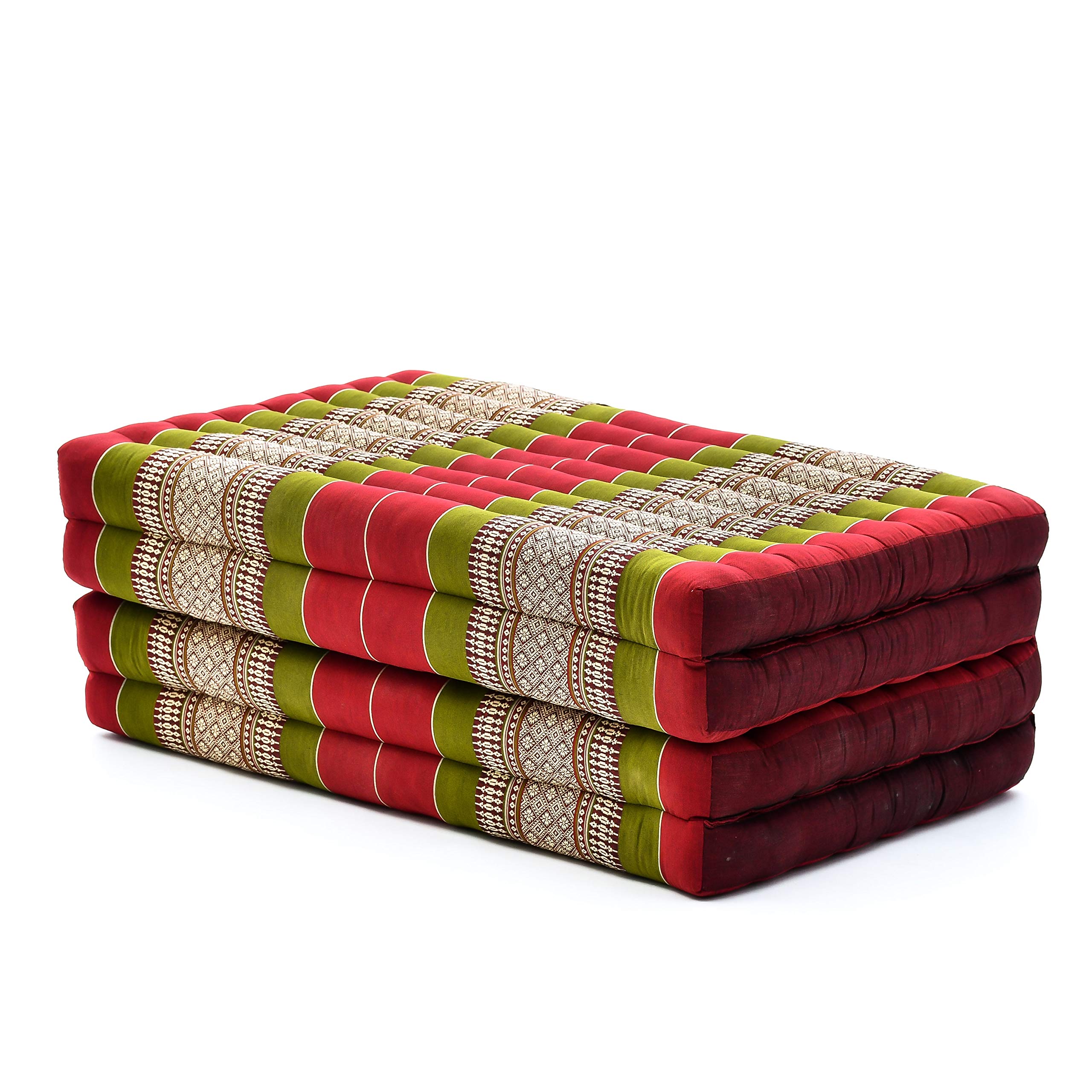Leewadee Trifold Mattress Standard – Comfortable Thai Massage Pad, Foldable Floor Mattress Filled with Kapok, Perfect to Use as a Sleeping Mat 200 x 70 cm, Green Red