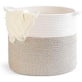 LORAVOU Laundry Hamper,Blanket Basket in Living Room Decor,Pure Cotton Rope Woven Basket for Dirty Clothes,Storage Basket for Nursery Bin,Baby Toy Storage,15.5 * 13.5 inches-40L White & Brown Mixed