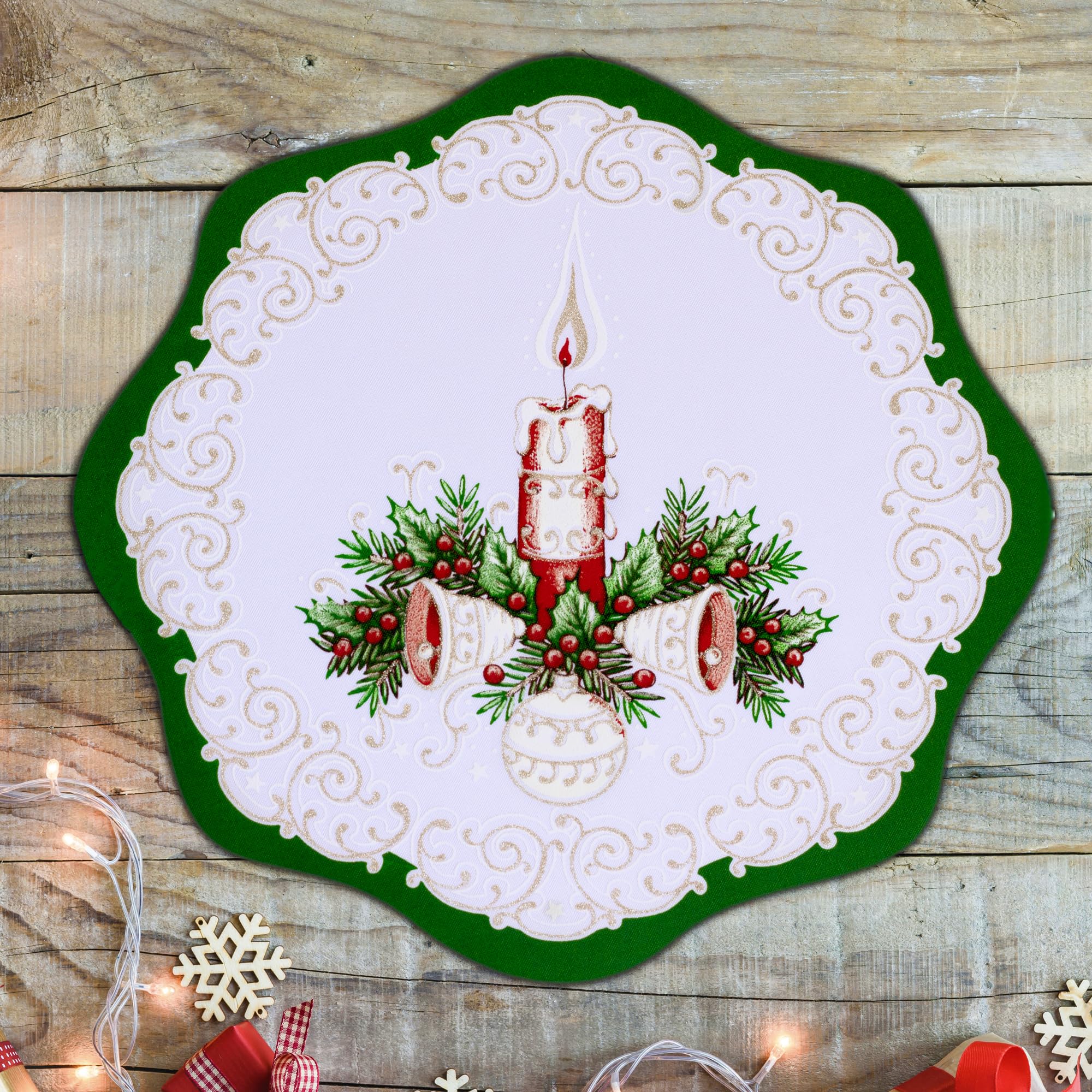 MforStyle SET OF 2 Christmas Placemats Christmas Doilies Diameter 12" (30cm) Traditional Festive pattern Mats Fabric Candle Jingle Bells Red Gold Green Xmas table cover linen