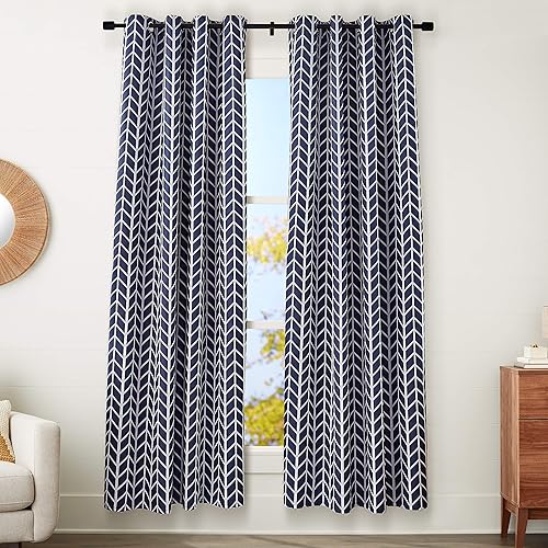 Amazon Basics Room-Darkening Blackout Curtain Set with Grommets - 52" x 84", Navy Herringbone