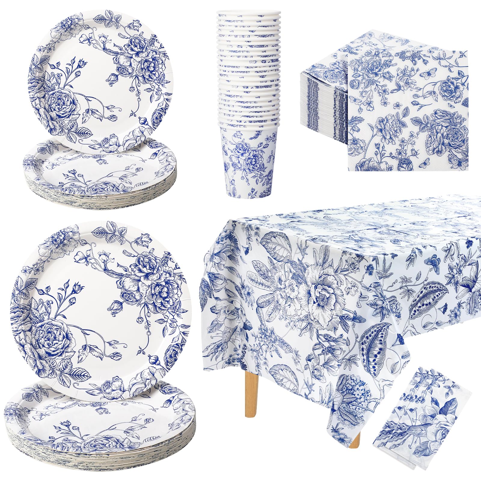 Photo 1 of ***(MISSING TABLE CLOTH)***Zhehao 127 Pcs Blue and White Floral Disposable Tableware Set Serves 25 Guests Chinoiserie Floral Paper Plates Napkins Cups Tablecloth Flower Dinnerware for Bridal Shower Wedding Party Decorations