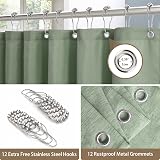 Linen Look Shower Curtain 182x198cm with Metal Hooks Green view 3