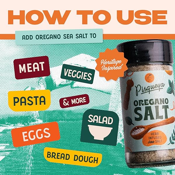 PISQUEYA SEASONING, OREGANO SALT, MADE WITH DOMINICAN OREGANO AND SEA SALT. LOW SODIUM, NO SUGAR, NO-MSG, NON-GMO, NO PRESERVATIVES, NO ARTIFICIAL COLORING, NO ARTIFICIAL FLAVORS, 2.5OZ, PACK OF 1