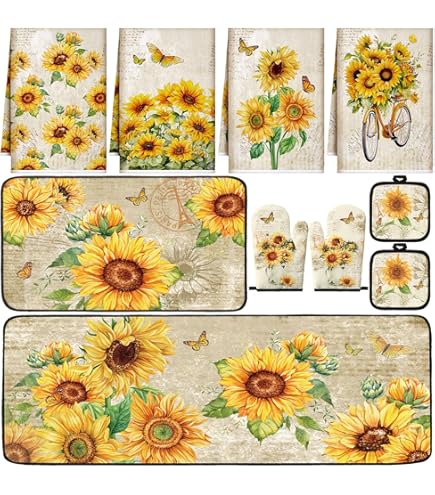 Sunflower Kitchen Set - 10-Piece Decor Bundle With Oven Mitts, Pot Holders, Towels & Rugs For Cooking, Baking & Home Decor (Vibrant Sunflower Print)