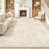 Soalmost 8x10 Area Rugs for Living Room, Washable Neutral Soft Rug Beige | Vintage Floral Non-Slip Low Pile Throw Large Carpet for Dining Room Bedroom Kitchen Home Office 8'x10'