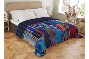 Marubhumi Handmade Cotton Quilts Kantha Blanket Indian Silk Sari Patchwork Quilts (Blue, King (108"x 108"))