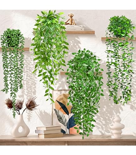 imitation hanging plants Artificial String of Pearls Plants in White Ceramic Wall-Hanging Plant Pots, Set of 2