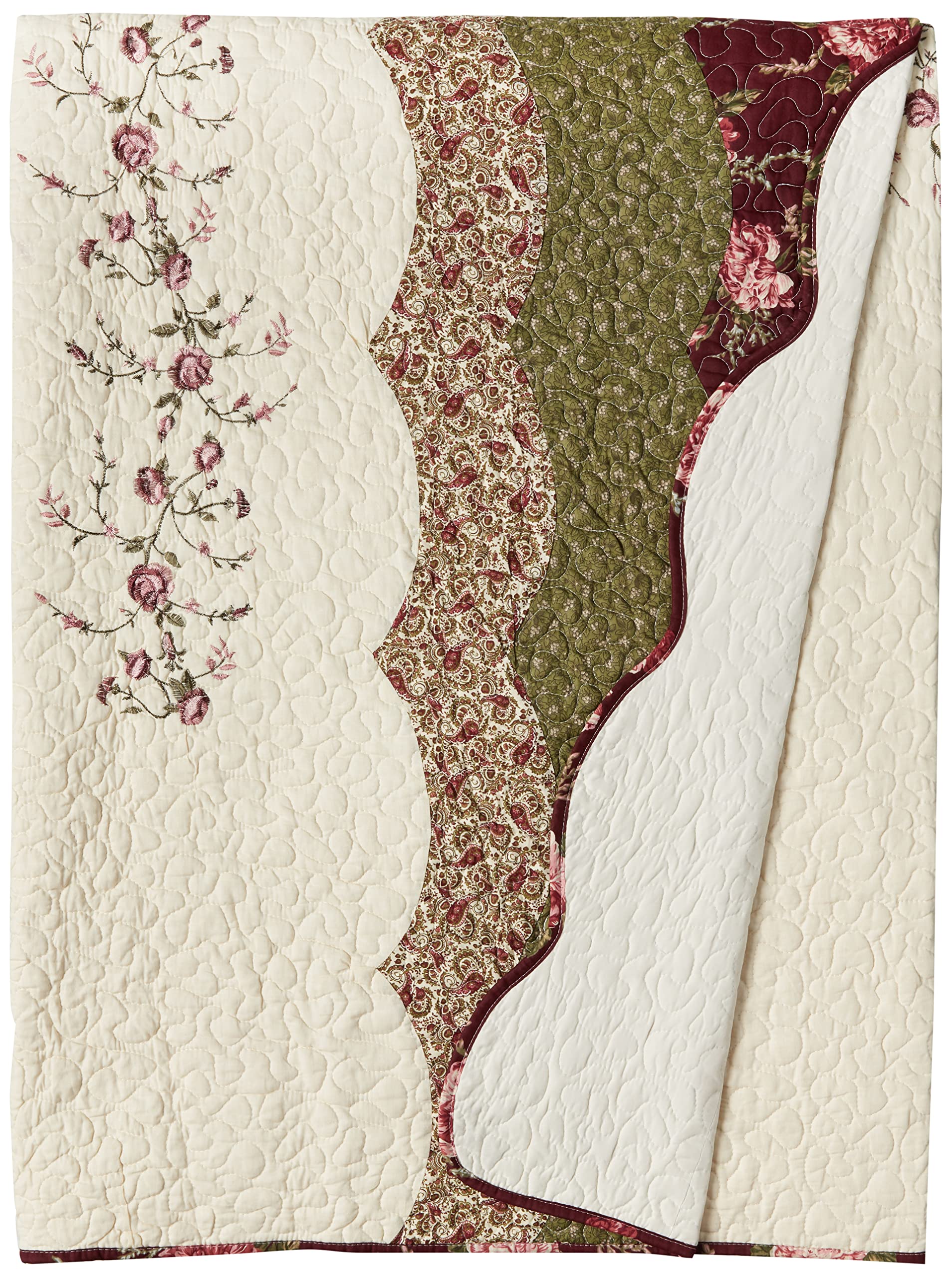 MODERN HEIRLOOM Brooke Embroidered Floral Quilted Bedspread, Lightweight Breathable All Seasons Bedding, King Size, Cream/Burgundy/Green Image MODERN HEIRLOOM Brooke Embroidered Floral Quilted Bedspread, Lightweight Breathable All Seasons Bedding, King Size, Cream/Burgundy/Green Image