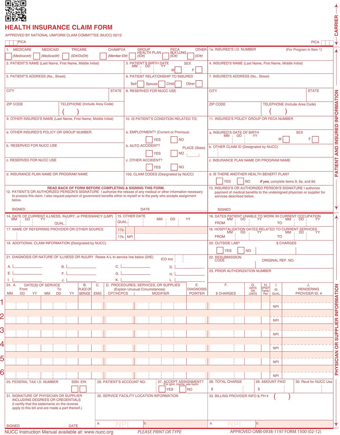 Cms 1500 Claim Forms Icd 10 Hcfa Version 02 12 Health Insurance Laser Cut Sheet 1000 Sheets