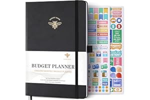 TULLOFA Budget Planner - Monthly Budget Book and Expense Tracker Notebook, Faux Leather Hardcover Financial Organizer, 6.3" x 8.4" Undated Bill Organizer with Pocket + Stickers + Premium Paper - Black