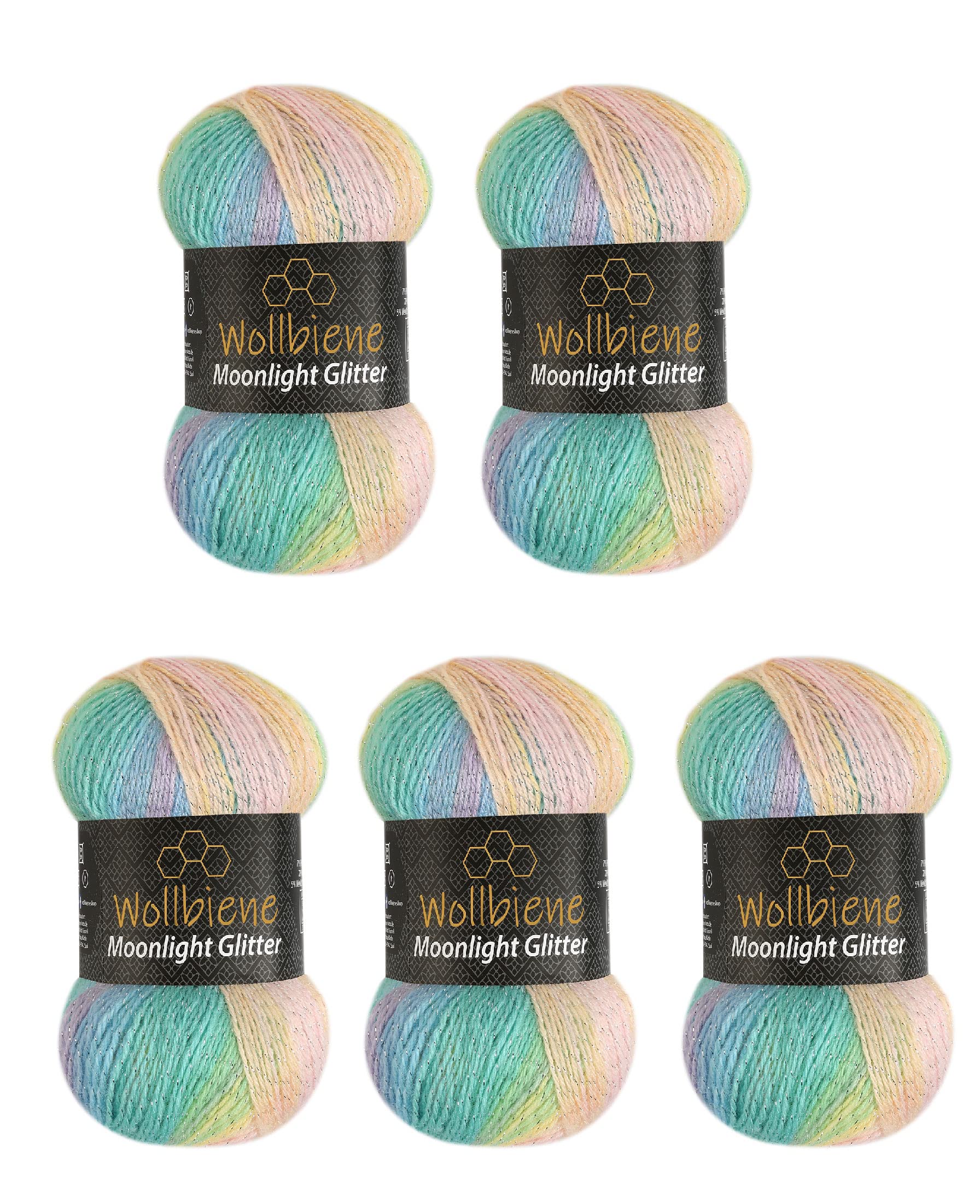Moonlight Glitter Batik Simli 5 x 100g Metallic Knitting Wool 500g for Knitting and Crocheting - Gradient Glitter Wool (2900 Green Pink Yellow Pastel)