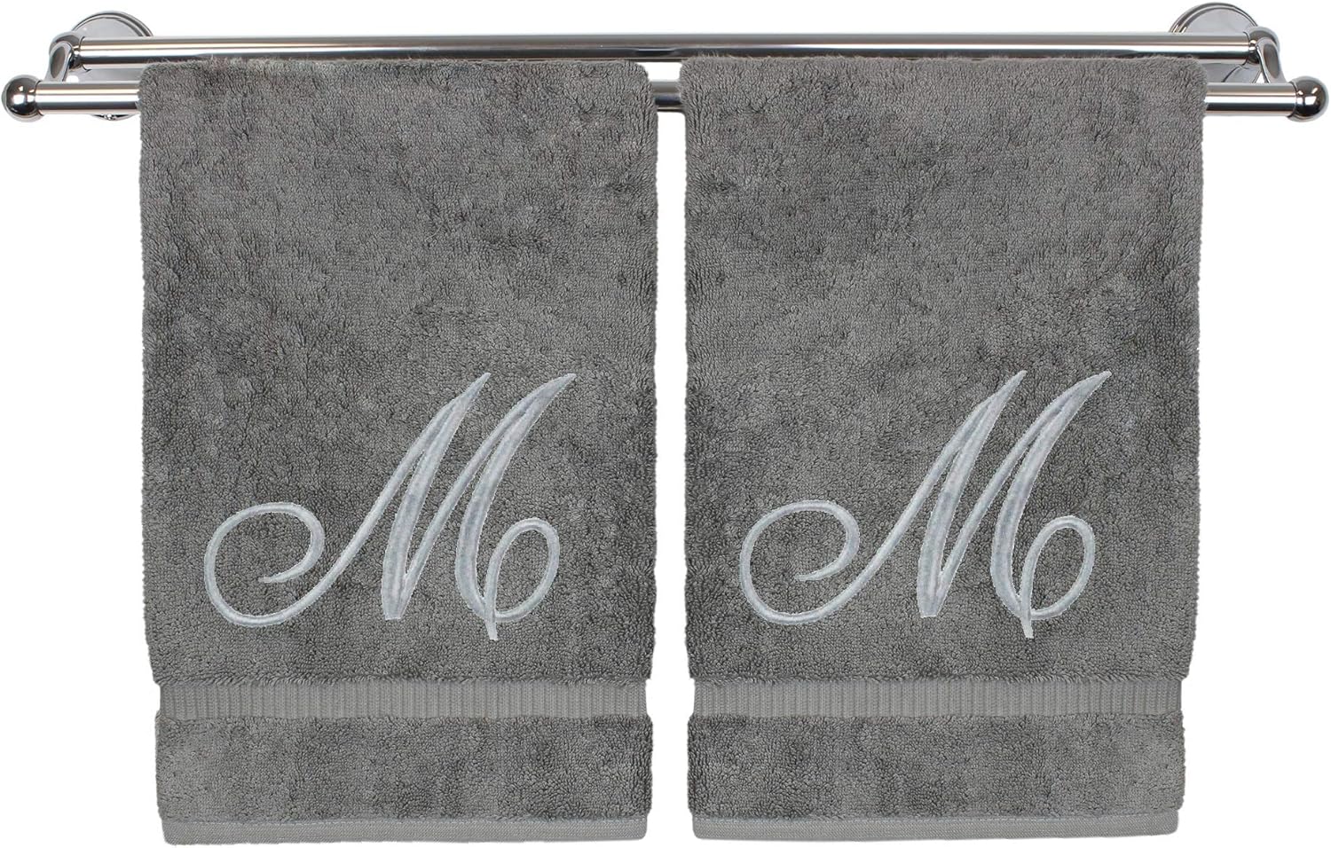 Monogrammed Hand Towel, Personalized Gift, 16 x 30 Inches - Set of 2 - Silver Embroidered Towel - Extra Absorbent 100% Turkish Cotton- Soft Terry Finish - for Bathroom, Kitchen and Spa- Script M Gray: Home & Kitchen