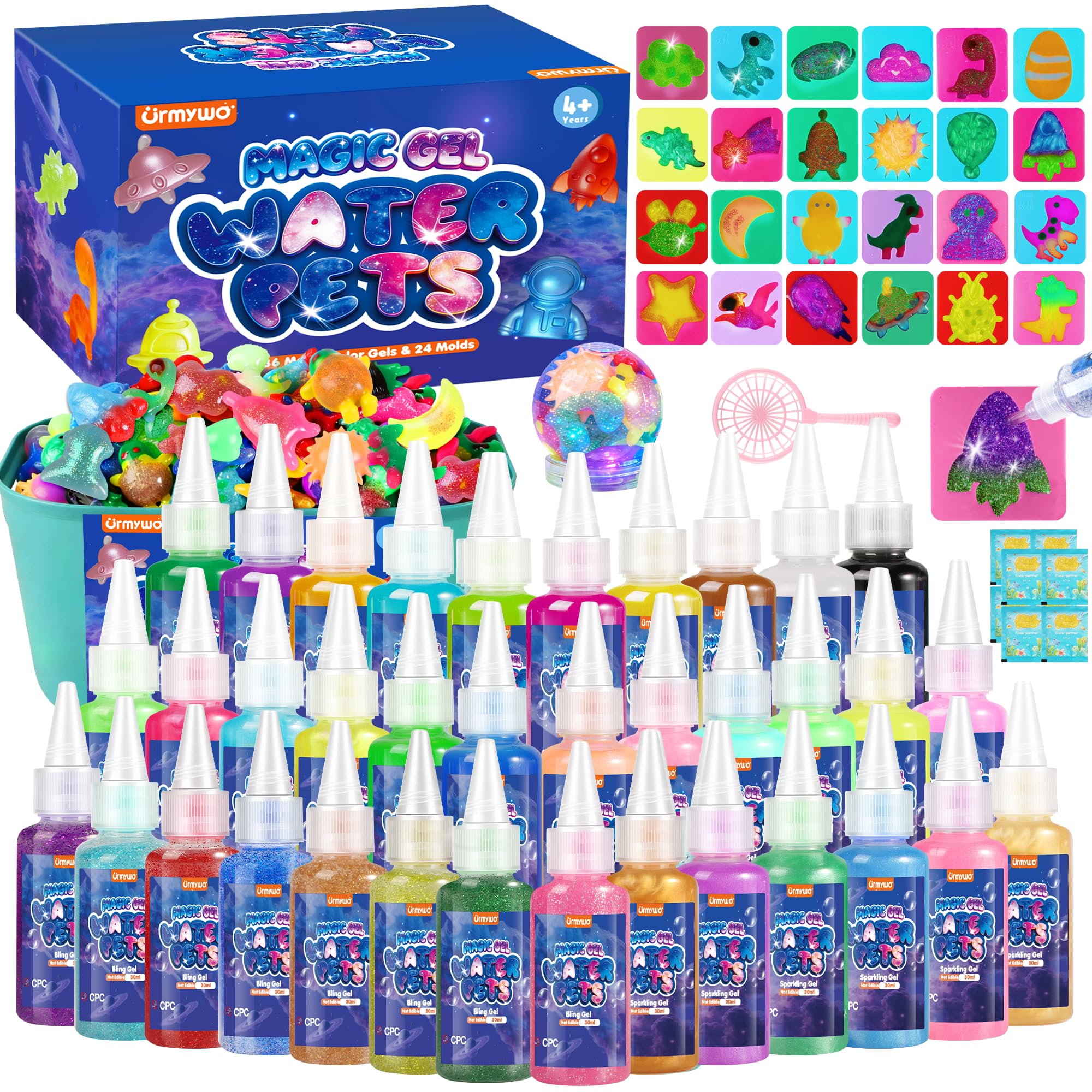 Magic Water Elf Toy Kit, Water Pets Toys for Kids, Easter Basket Stuffers, Aqua Fairy Water Gel Kit Squishy Maker, 36 Gels & 24 Molds, DIY Dinosaur Easter Space Make Your Own Squishies Toys Gifts