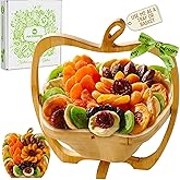 NUT CRAVINGS - Purim Mishloach Manot Dried Fruit Flower Arrangement Gift Basket in Wooden Apple-Shaped Gift Basket + Tray (9 Assortment) Healthy Snack Care Package,