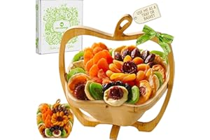 NUT CRAVINGS - Holiday Xmas Christmas Dried Fruit Flower Arrangement Gift Basket in Wooden Apple-Shaped Gift Basket + Tray (9 Assortment) Healthy Snack Care Package