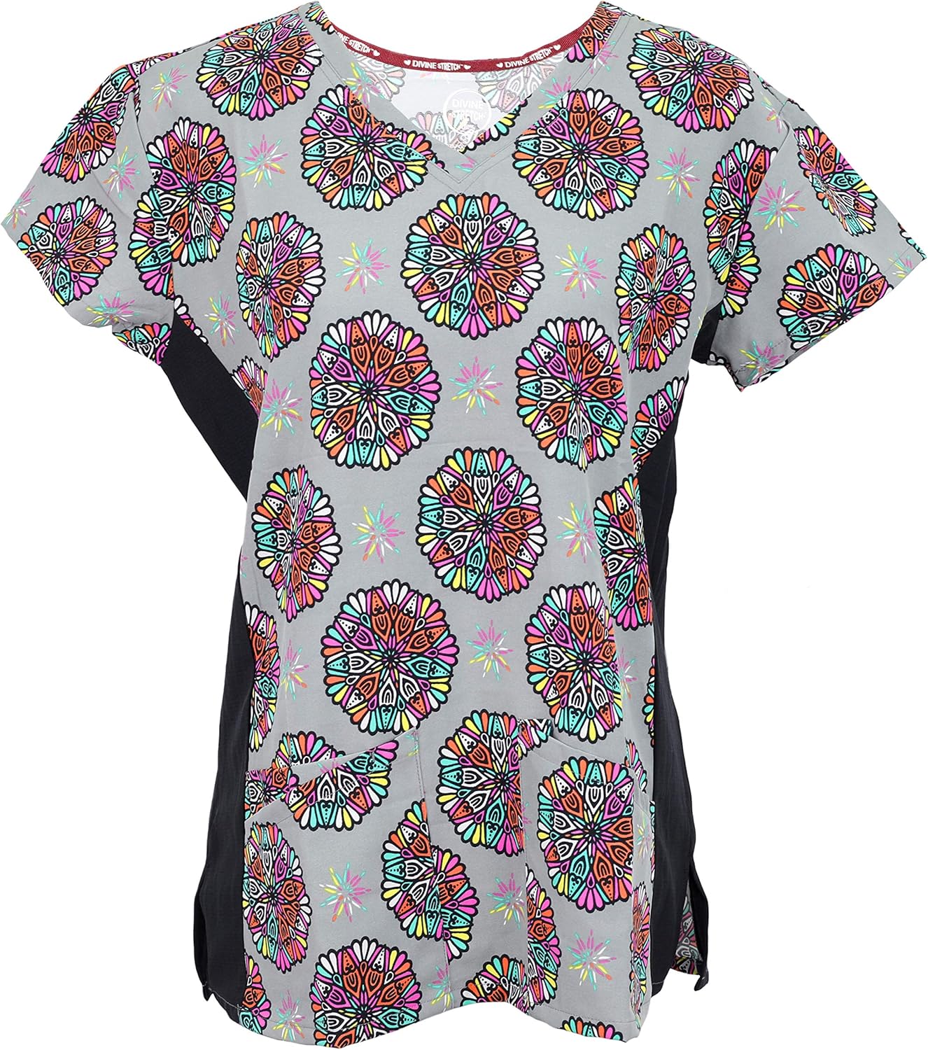 Divine Scrubs Women's MultiPocket 4Way Stretch Medical Scrub Top, Large, Grey Kaleidoscope