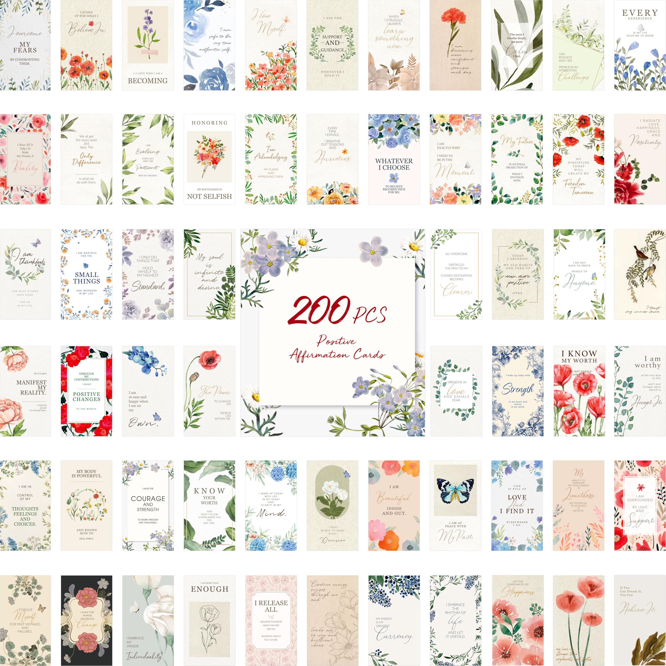 200 PCS Positive Affirmations Cards for Women, 60 Designs Daily Affirmations Cards, Inspirational Motivational Cards Mindfulness Cards Meditation Cards (2” x 3.5”)