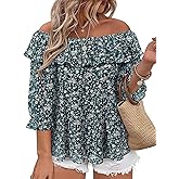 Siddhe Womens Plus Size Tops 3/4 Sleeve off the Shoulder Dressy Casual Curvy Shirts Ruffle Chiffon Blouses Crew Neck Tunic