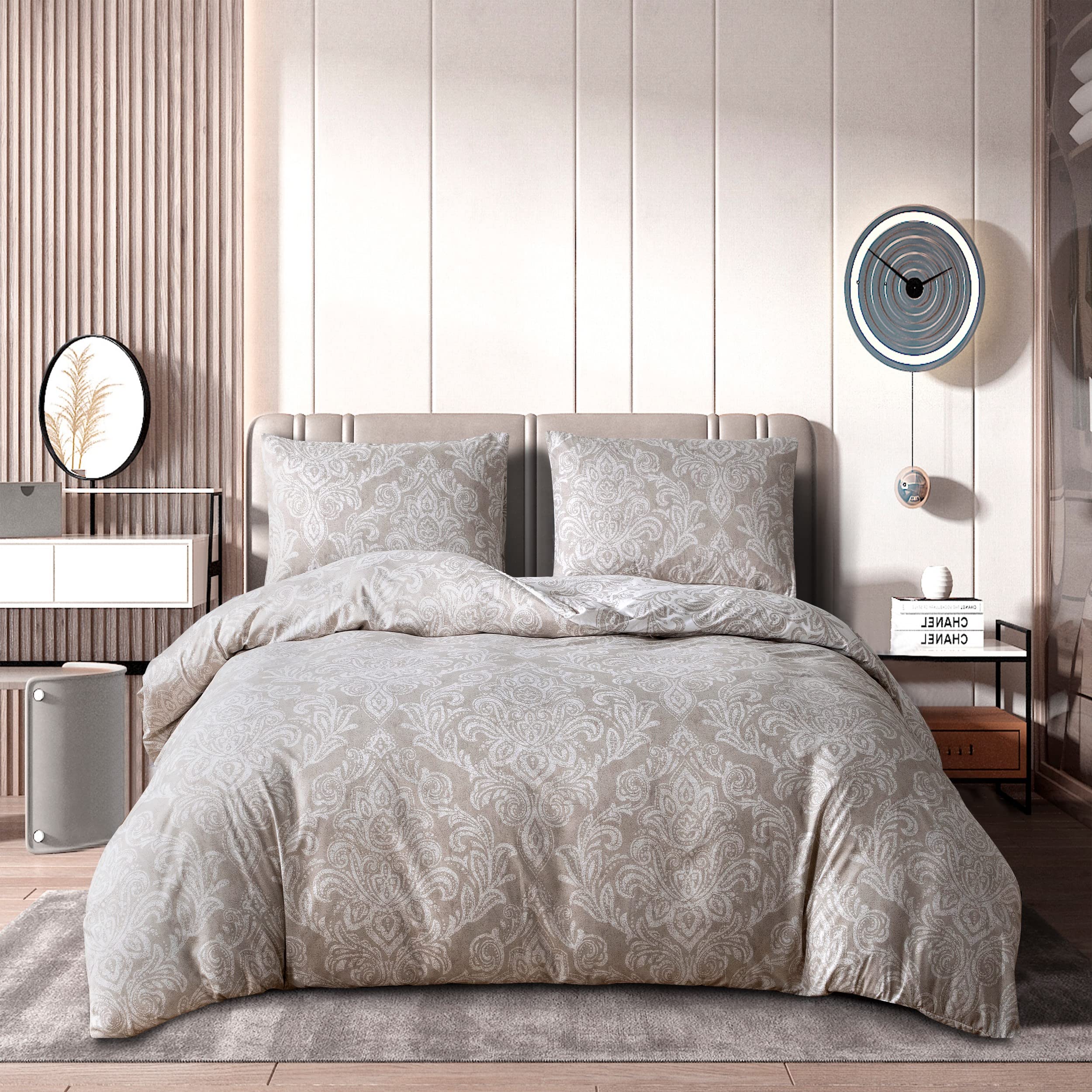 Best Linen 3 Piece Duvet Cover Set Microfiber Quilt Cover Pillow Case & Fitted Sheet Complete Bedding Set Easy Care Machine Wash Anti Allergic (Beige, Single)