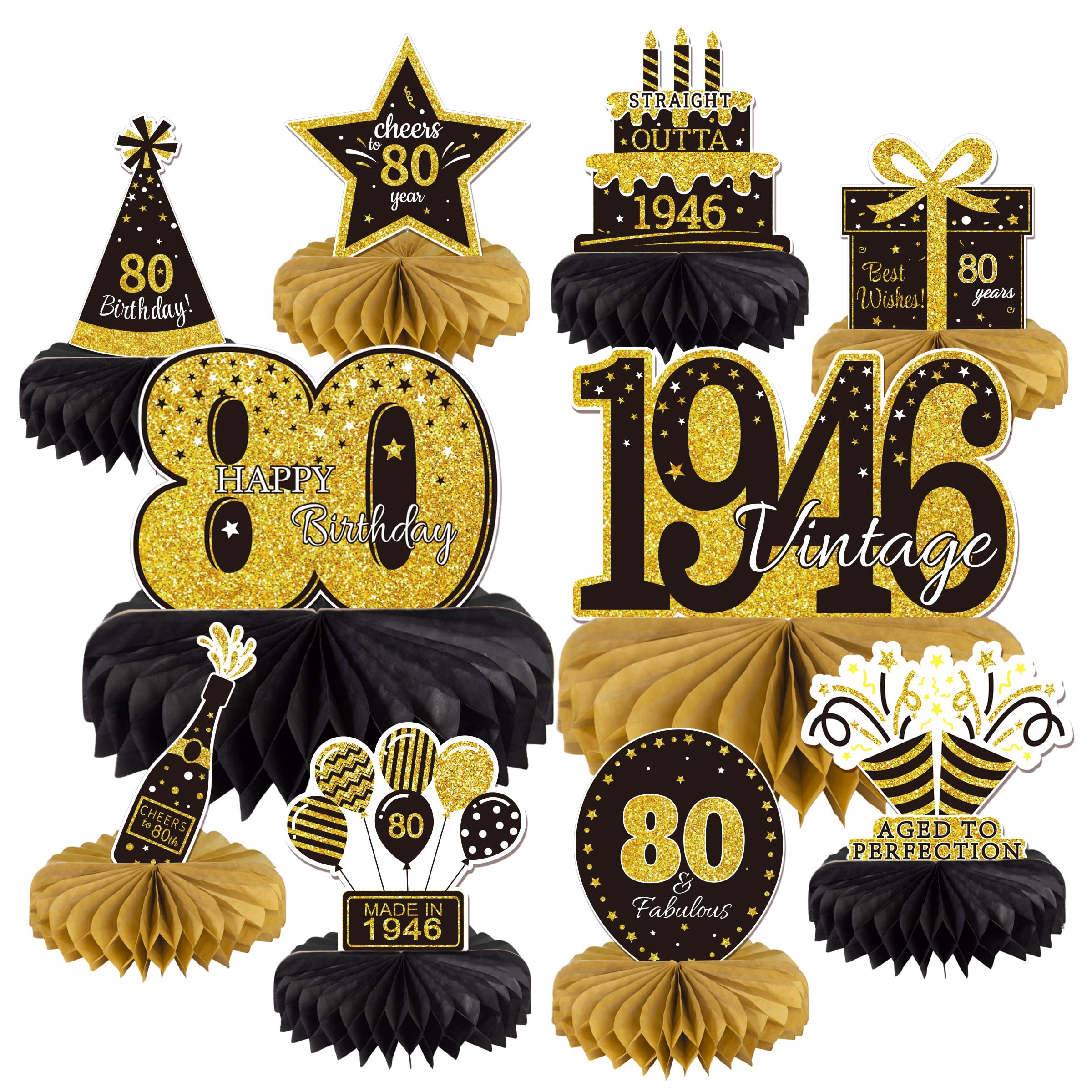 Photo 1 of 10PCS 80th Birthday Decorations Centerpieces for Table Decorations, 2026 Vintage 1946 Honeycomb Table Topper Back in 1946 Birthday Party Decoration for Men and Women (Gold & Black, 80 Years)