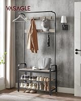 VASAGLE Coat Rack 4-in-1 with Shoe Bench and 9 Removable Hooks Greige Black view 2