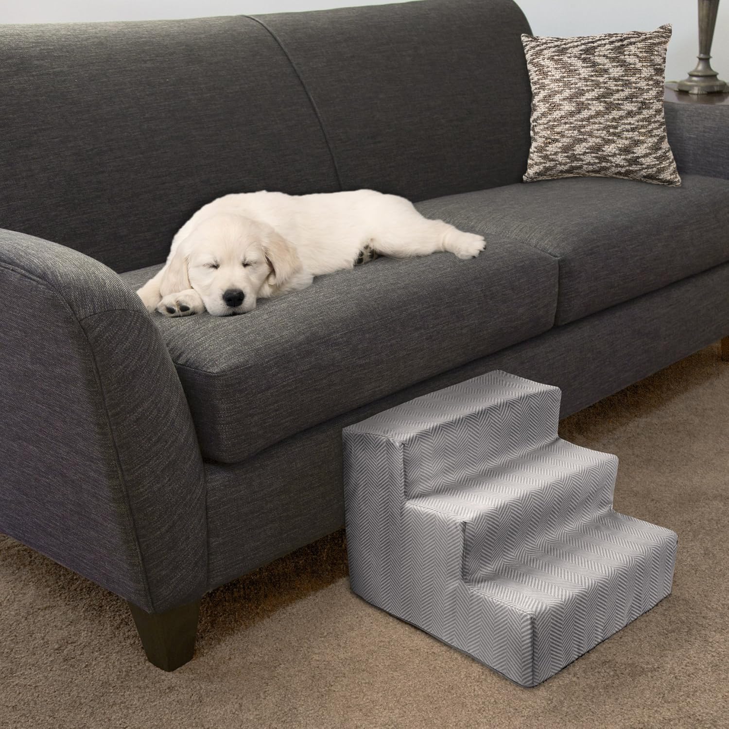 High Density Foam Pet Stairs 3 Steps with Machine Washable Zippered Removeable Micro-Fiber Cover with non-slip bottom by PETMAKER – Print on Gray : Pet Supplies