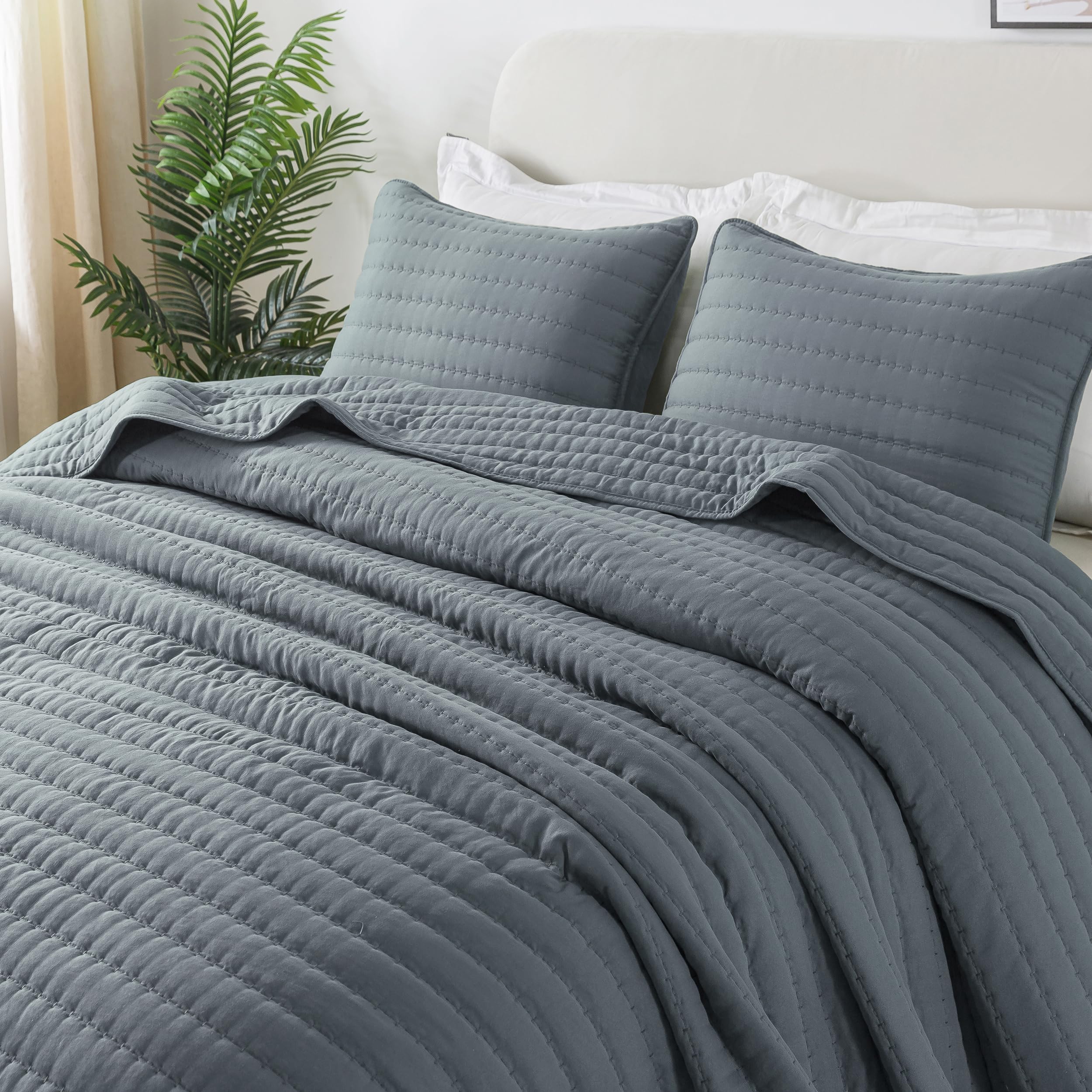 Photo 1 of ROARINGWILD Blue King Size Quilt Bedding Sets with 2 Pillow Shams, Lightweight Soft Bedspread Coverlet, Quilted Blanket Thin Comforter Bed Cover for All Season, 3 Pieces, 104x90 inches