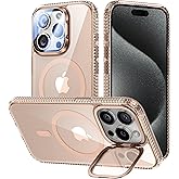VOFATA [Upgraded] for iPhone 15 Pro Max Case with Camera Cover Stand [Fit for MagSafe][9H Camera Lens Protector] Mil-Grade Protection Transparent Magnetic iPhone 15 Pro Max Phone Case, Clear Gold