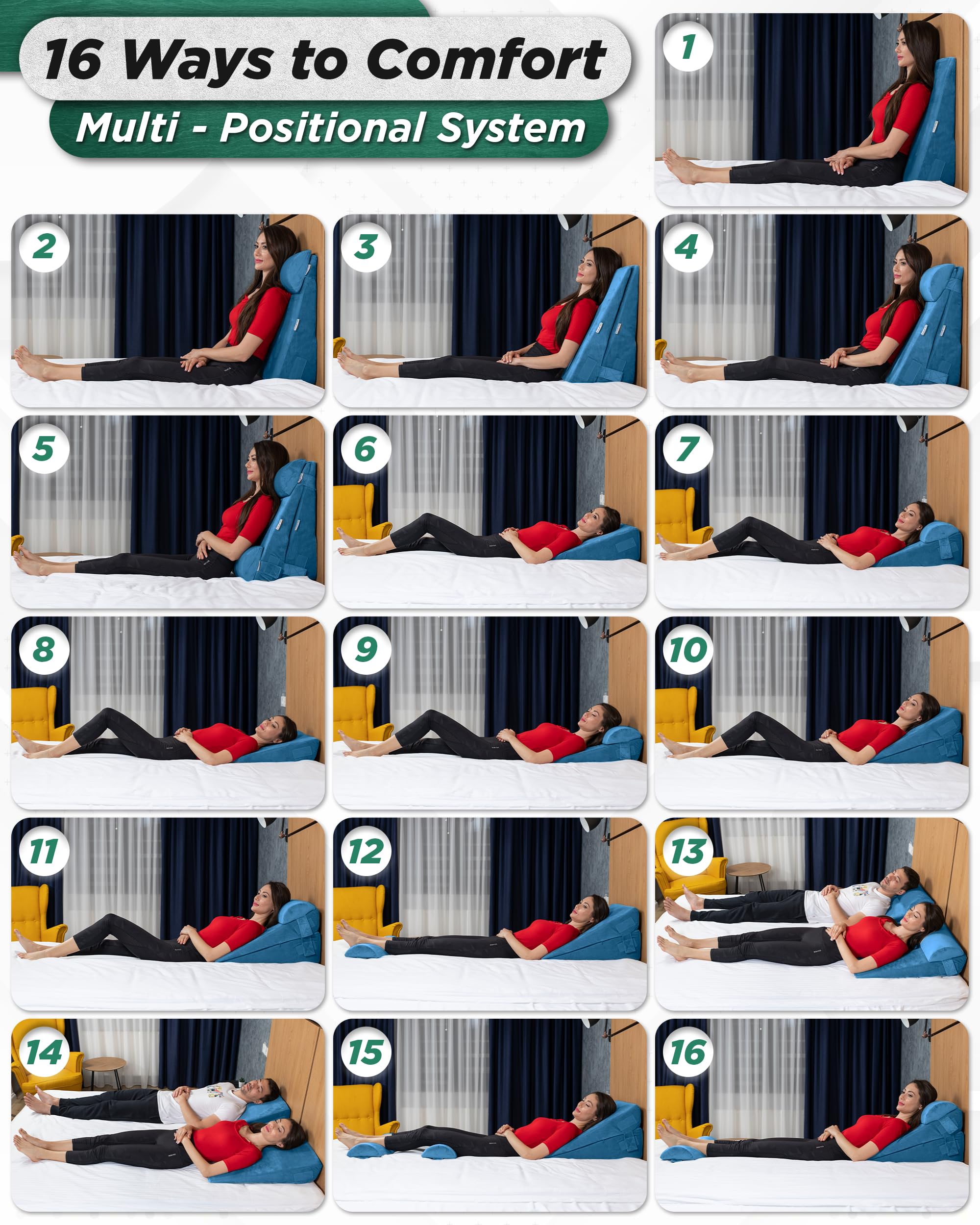 Lunix 4pcs Orthopedic Bed Wedge Pillow Set, Post Surgery Memory Foam for Back, Leg, and Knee Pain Relief, Adjustable Sitting Pillow for Sleeping, Acid Reflux, and GERD, with Hot Cold Pack, Blue